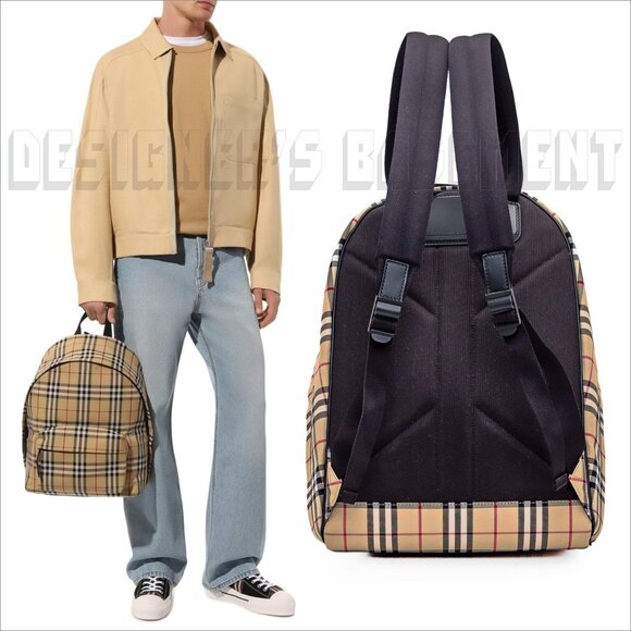 BURBERRY black Leather trim JETT beige Archive Vintage Check nylon zip Backpack - Picture 6 of 12